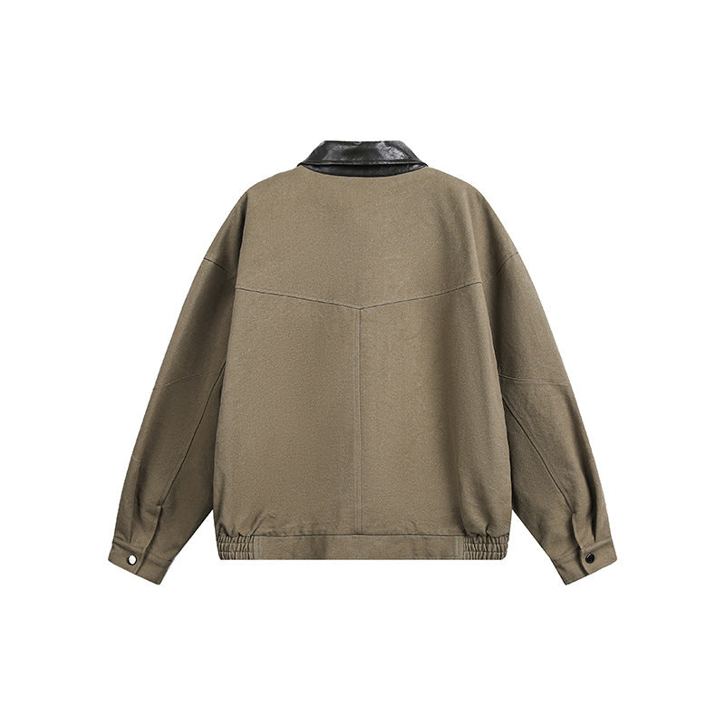 Men's Oversize Harrington Jacket with Faux Leather Collar, Flap Pockets, and Elastic Hem Mune Fashion