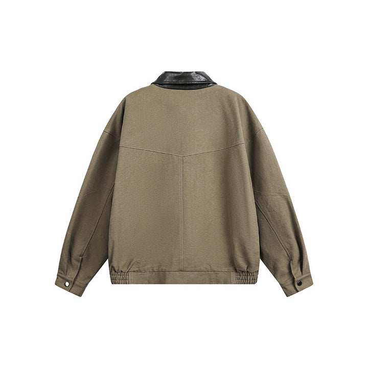 Men's Oversize Harrington Jacket with Faux Leather Collar, Flap Pockets, and Elastic Hem Mune Fashion