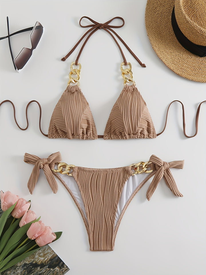 Ladies bikini set with luxurious ruffles and golden chain accents Mune Fashion