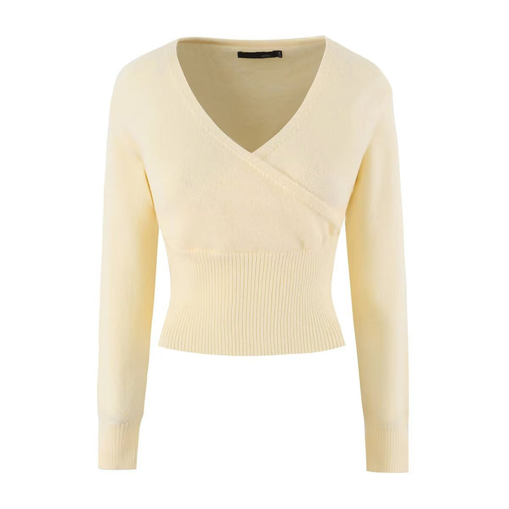 Women Fine Wrap Knitted Top with Fitted Ribbed Hem Mune Fashion