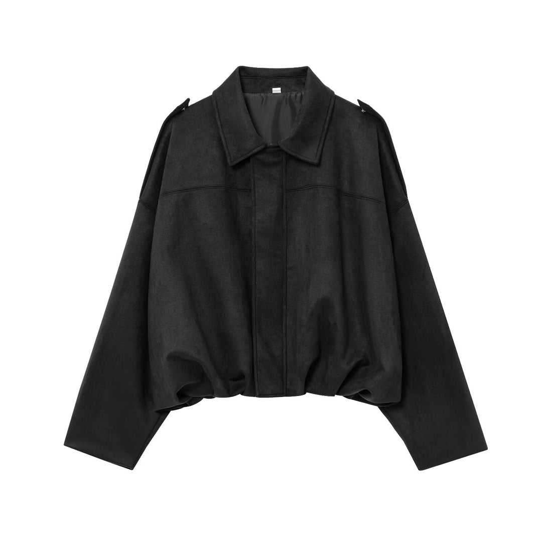 Women's Cropped Suede Look Blouson Jacket with Waist Smocking and Shoulder Patches Mune Fashion