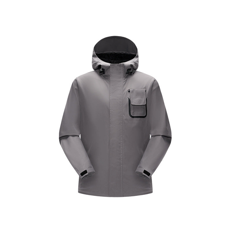 Men's waterproof utility outdoor jacket with concealed front, hood, and functional chest pocket Drune