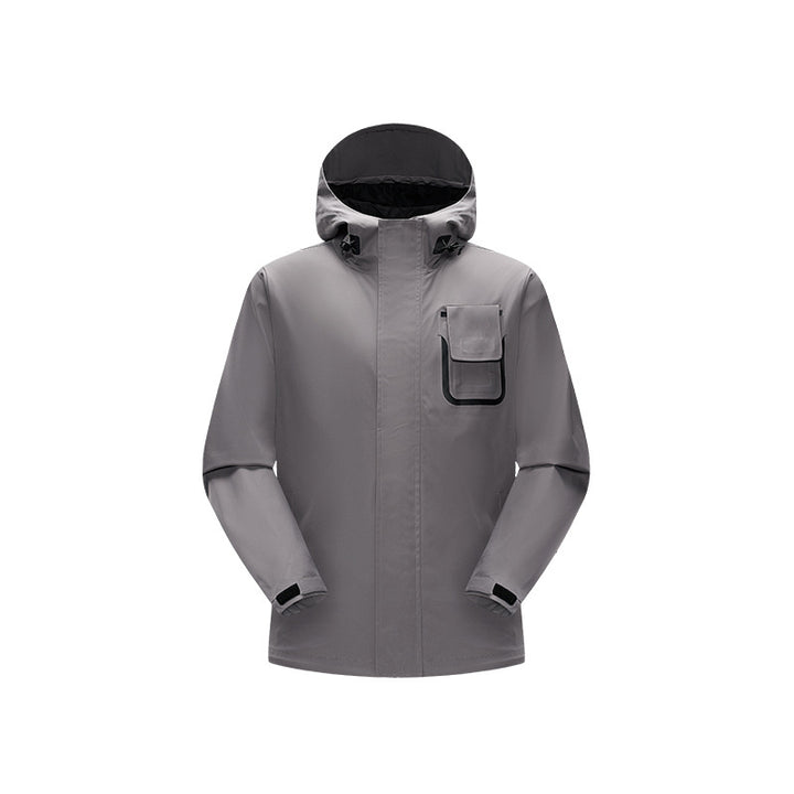 Men's waterproof utility outdoor jacket with concealed front, hood, and functional chest pocket Drune