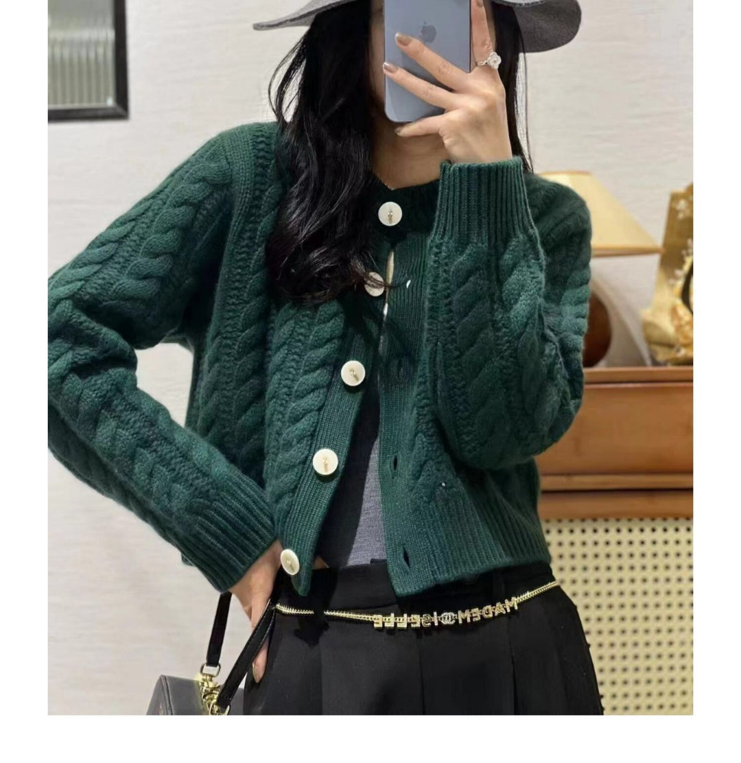Women Short Braided Knit Cardigan with Wide Rib Hem and Large Buttons Mune Fashion