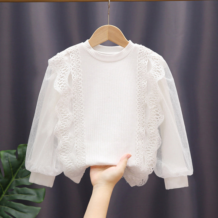 Girl sweatshirt with elegant ruffle details and transparent tulle sleeves Mune Fashion