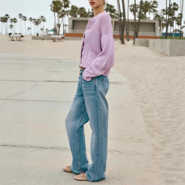 Women's Loose Cropped Cardigan with Button Placket and Open Structure Drune