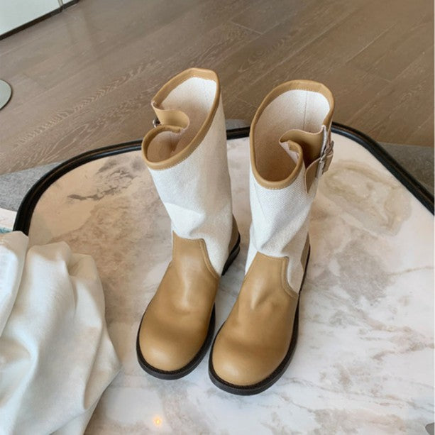 Women Leather-Linen Mid-Calf Boots with Buckle Straps Mune Fashion