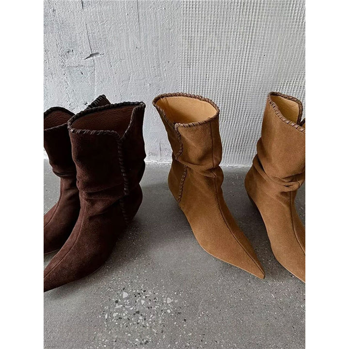 Women’s Slip-On Velour Boots with Decorative Stitching, V-Cuff and Sculpted Kitten Heel Mune Fashion