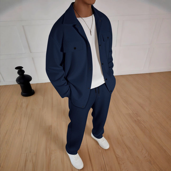 Men's two-piece overshirt lounge set with patch flap pockets, drawstring pants, and fine waffle texture Mune Fashion