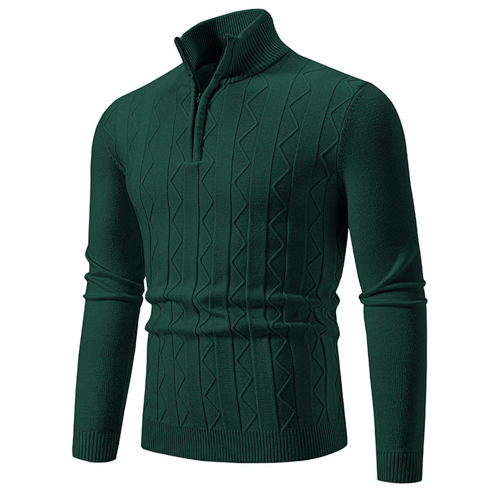 Men Slim-Fit Half-Zip Knit Sweater with Mock Neck, Cable Knit Pattern and Ribbed Cuffs Mune Fashion