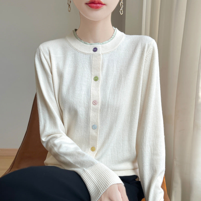 Women's Lightweight Fine Knit Cardigan with Round Neckline and Colorful Buttons Mune Fashion