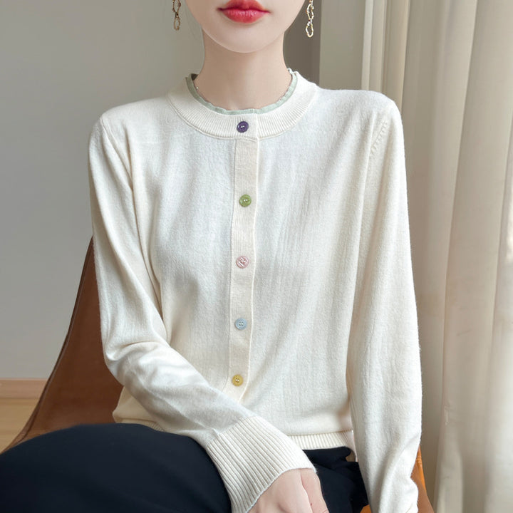 Women's Lightweight Fine Knit Cardigan with Round Neckline and Colorful Buttons Mune Fashion