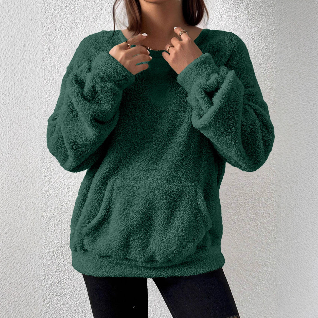 Women Cozy Teddy Fleece Sweater with Kangaroo Pocket Mune Fashion