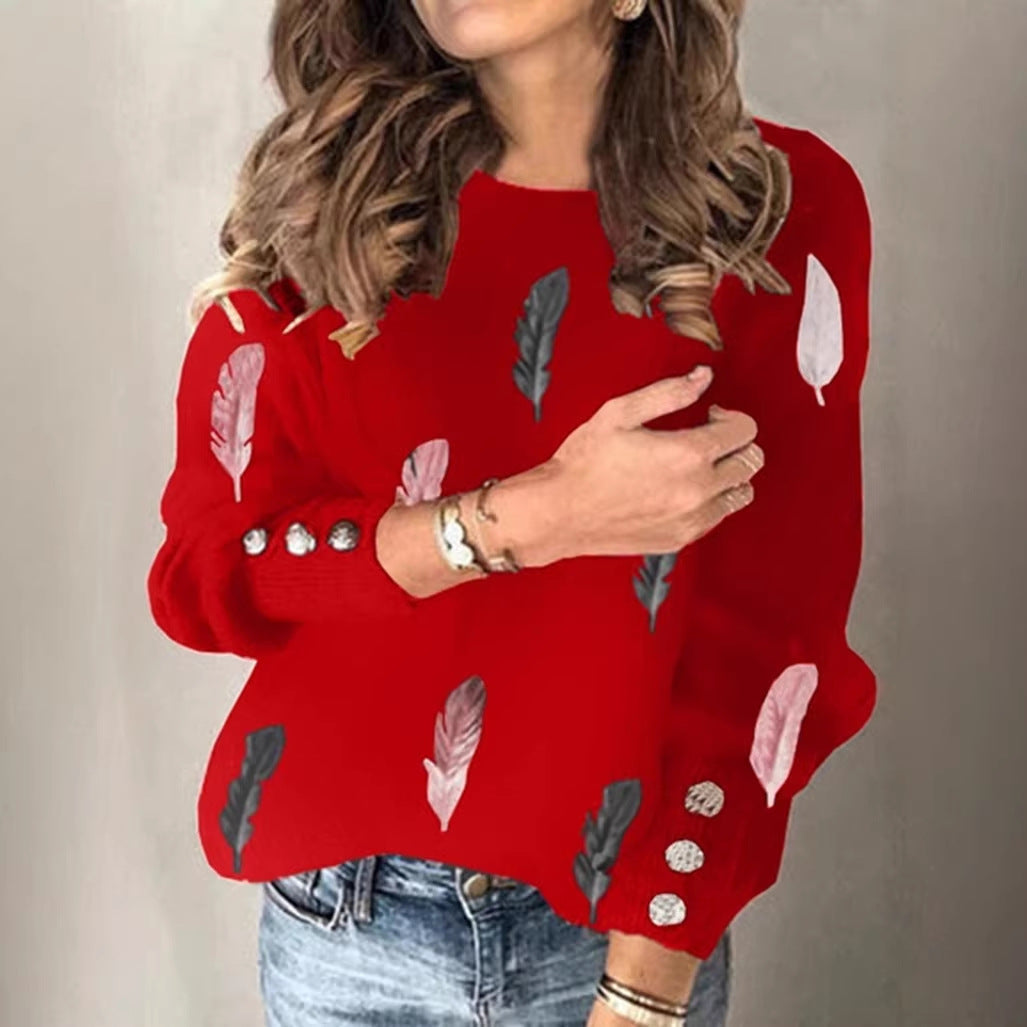 Women's fine knit sweater with feather motif, round neck and decorative button placket Mune Fashion