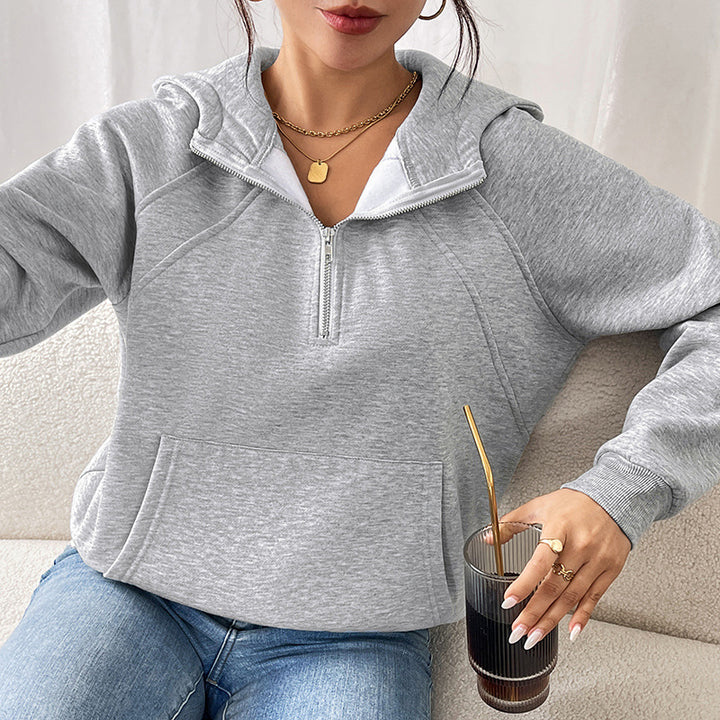 Women's Short-Cut Hooded Sweater with Half Zipper, Teddy Lining and Kangaroo Pocket Mune Fashion