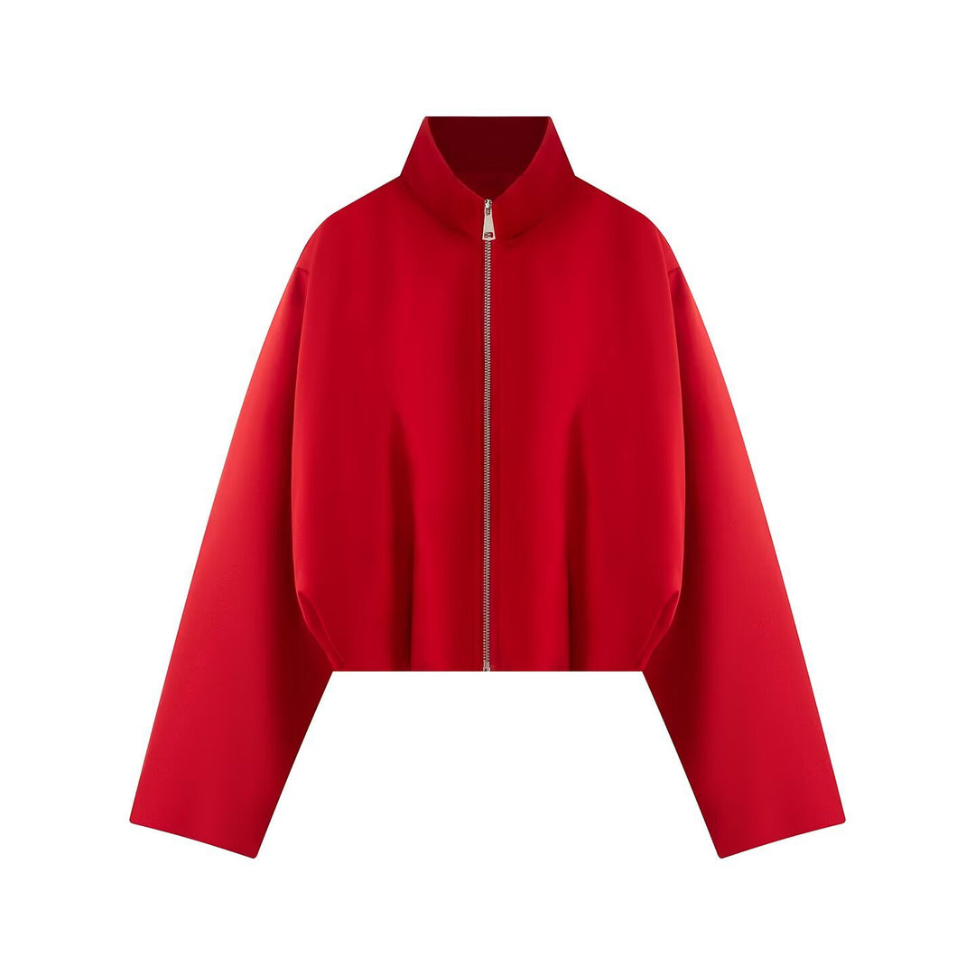 Women's Short Boxy Jacket with High Stand Collar, Full Zip and Oversized Sleeves Mune Fashion