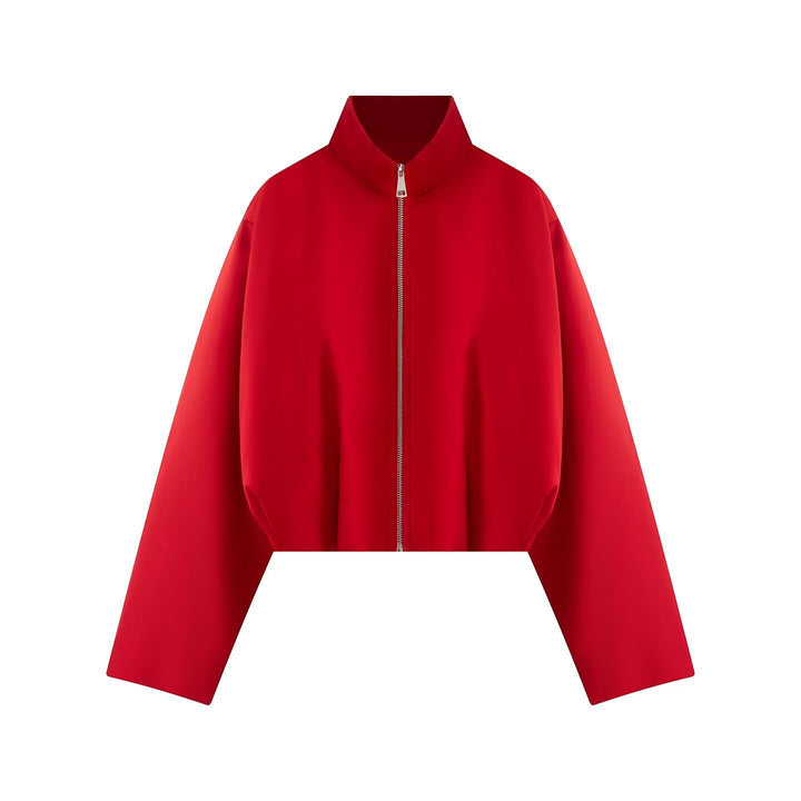 Women's Short Boxy Jacket with High Stand Collar, Full Zip and Oversized Sleeves Mune Fashion