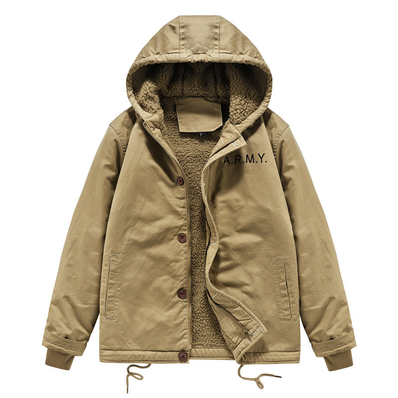 Men's hooded field jacket with teddy lining, concealed zipper, and drawstring hood