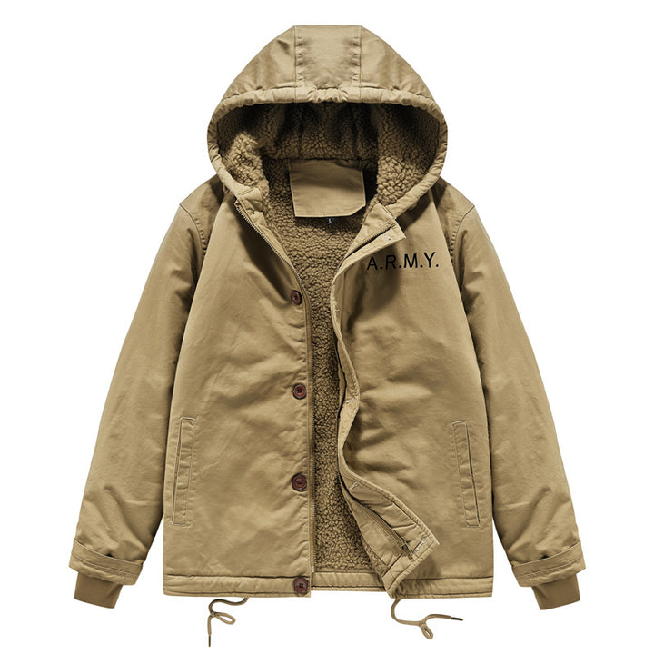 Men's hooded field jacket with teddy lining, concealed zipper, and drawstring hood