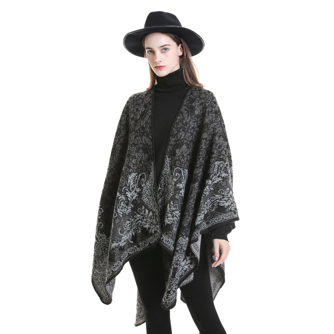 Women's Jacquard Poncho with Oriental Pattern and Open Front Mune Fashion