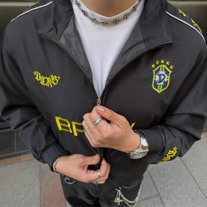Unisex nan sporty retro training jacket with stand collar zipper chest emblem and Brazil lettering Mune Fashion