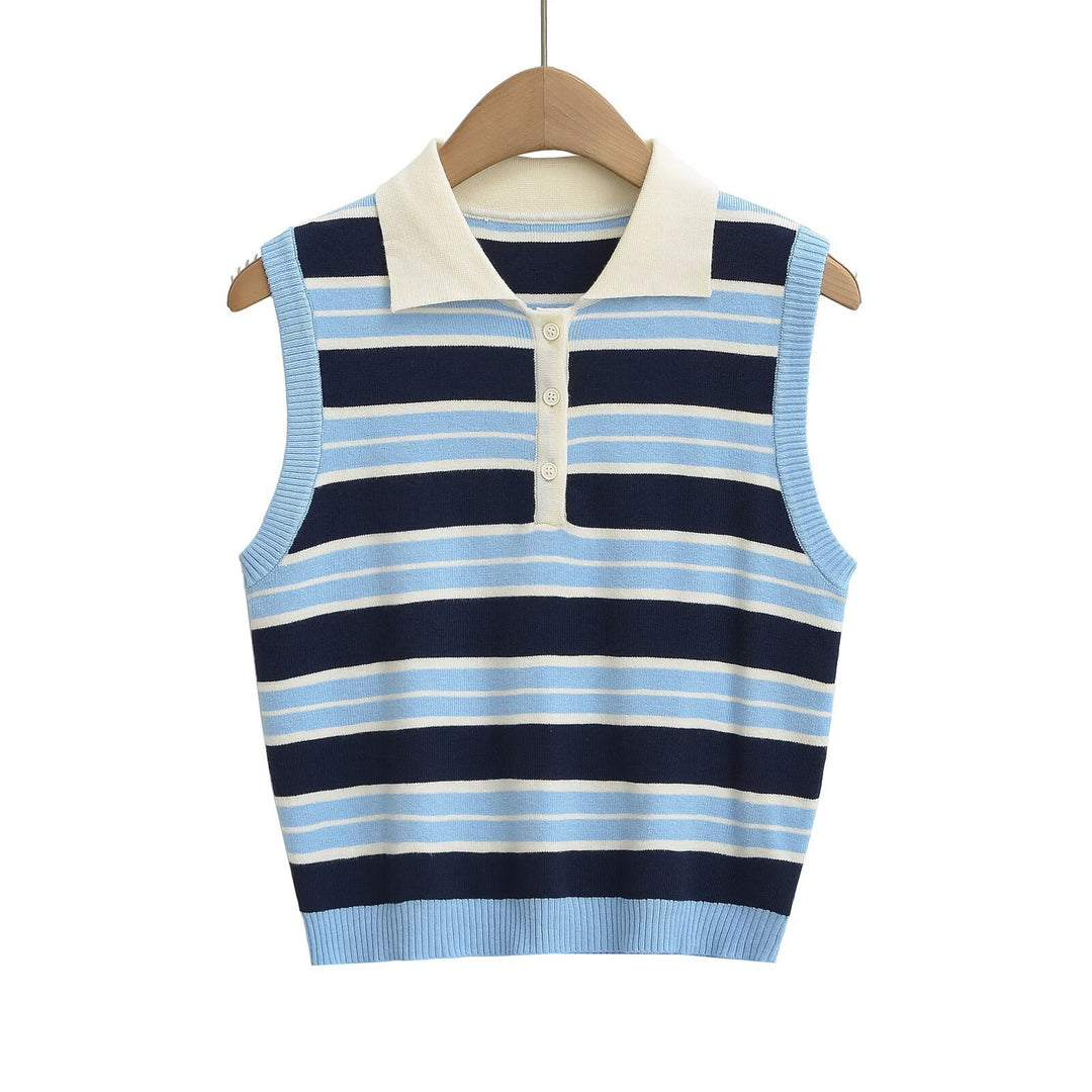 Women's Sleeveless Fine Knit Polo Top with Button Placket, Ribbed Hem and Classic Stripe Pattern Mune Fashion