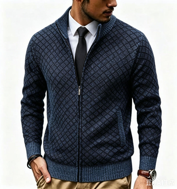 Men's Structured Cardigan with Stand-up Collar and Diamond Jacquard Mune Fashion