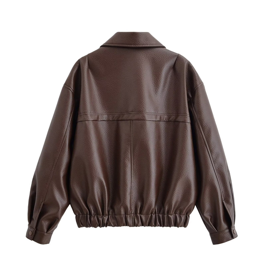 Women Oversized Faux Leather Bomber Jacket with Shirt Collar Zipper and Elastic Hem Mune Fashion