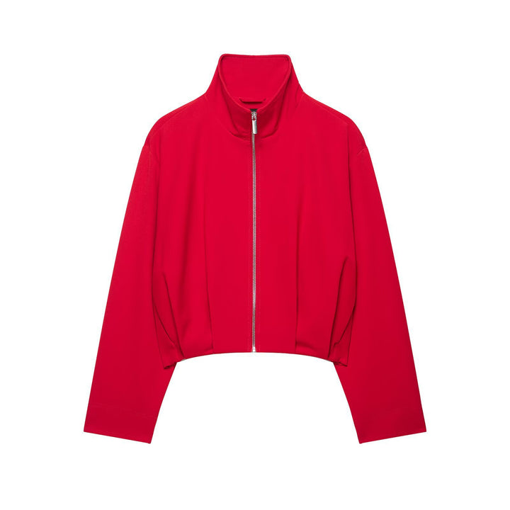 Women's Short Stand Collar Bomber Jacket with Zipper and Fitted Cuffs Mune Fashion