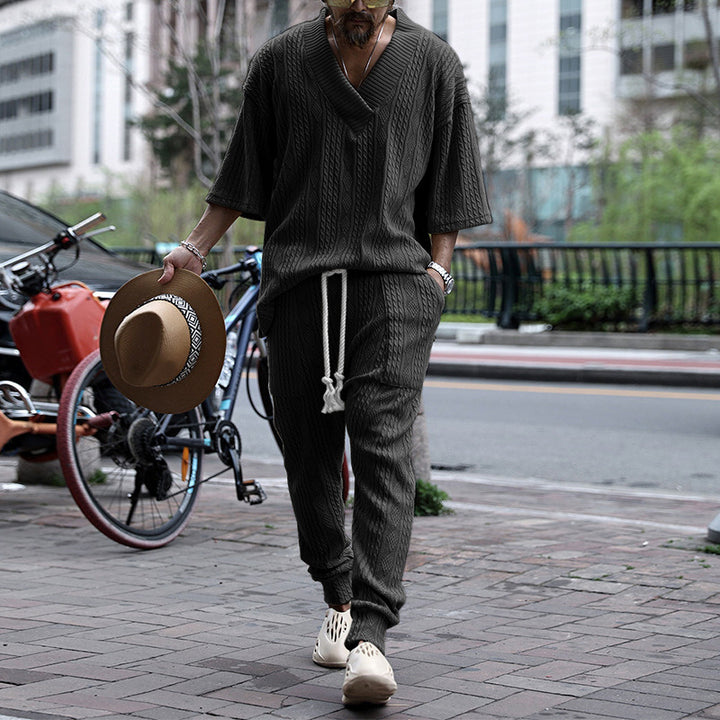 Men's Coarse Knit Lounge Set with Deep V-Neck and Drawstring Joggers Mune Fashion