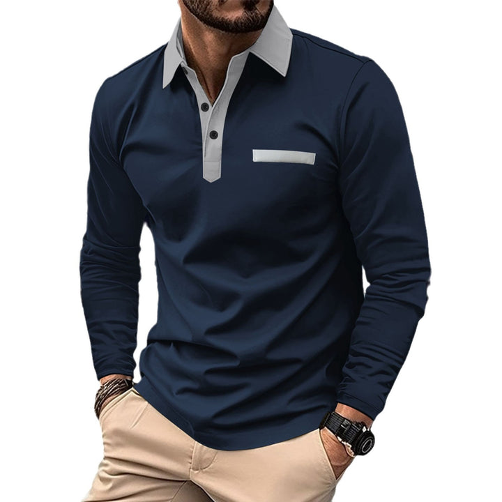 Men's long sleeve polo shirt with contrasting collar, concealed button placket, and decorative chest stripe Mune Fashion