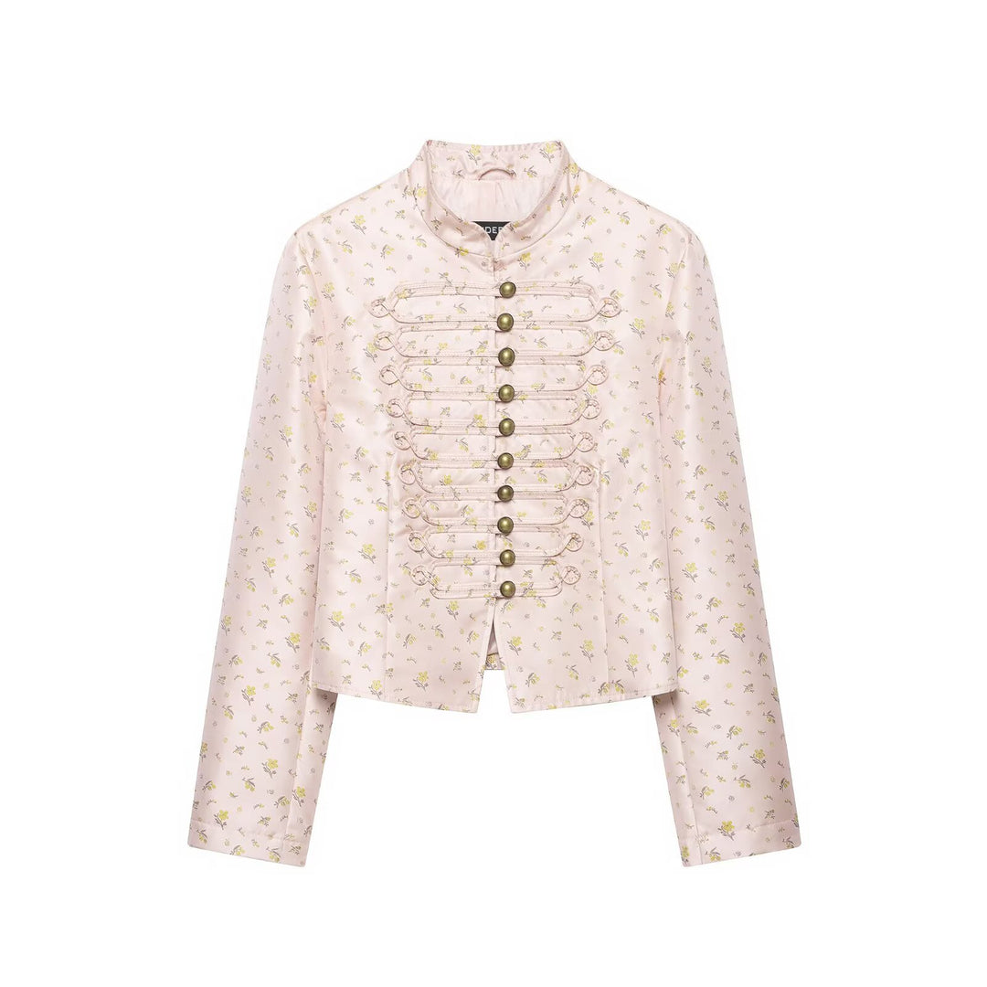 Women Cropped Satin Military Jacket with Stand-Up Collar and Decorative Frog Closure Mune Fashion