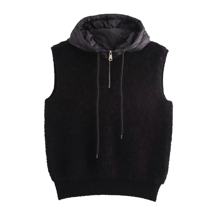Women's sleeveless knitted vest with quilted hood and half zip Mune Fashion