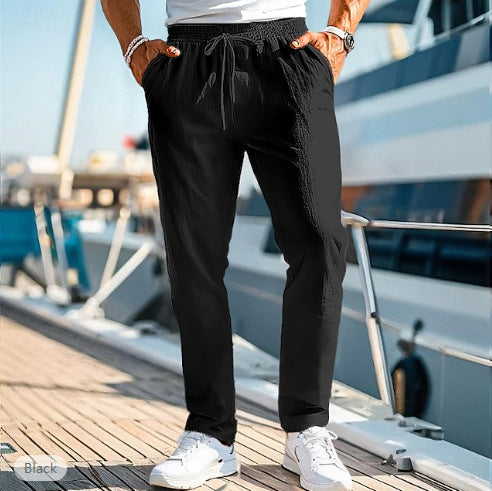 Men's casual linen blend jogger pants with drawstring, angled pockets and narrow ankle cuffs Mune Fashion