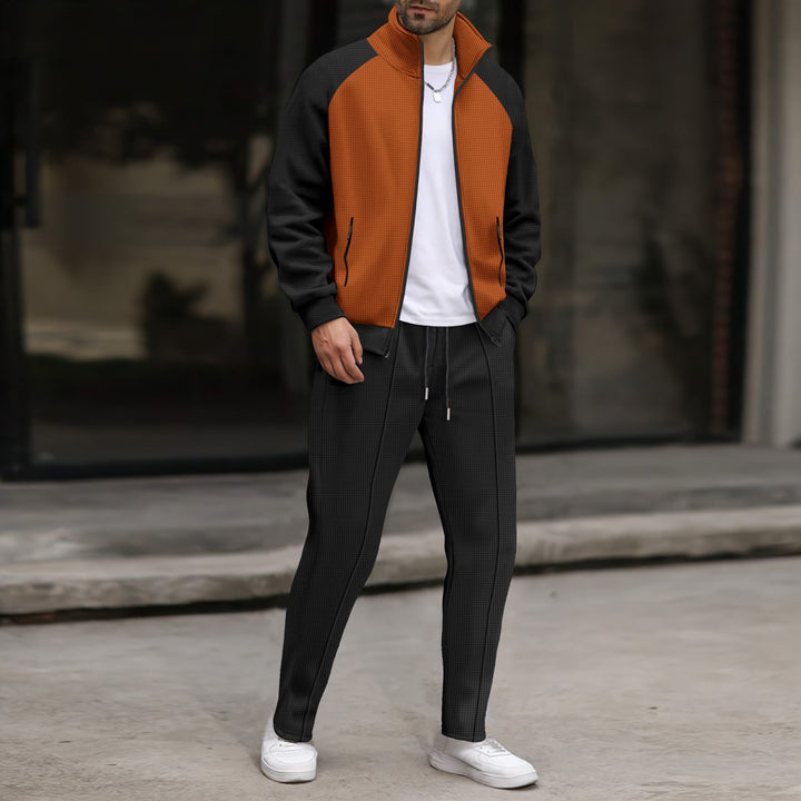 Men's Two-Tone Sports Training Jacket with Waffle Structure Stand Collar Raglan Sleeves and Hidden Zipper Pockets Mune Fashion
