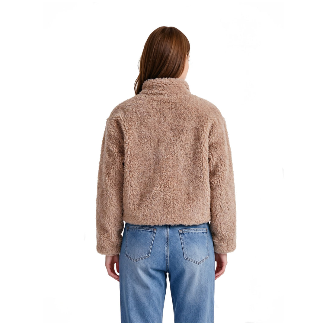 Women Short Cut Teddy Fur Jacket with Double Button Placket Mune Fashion