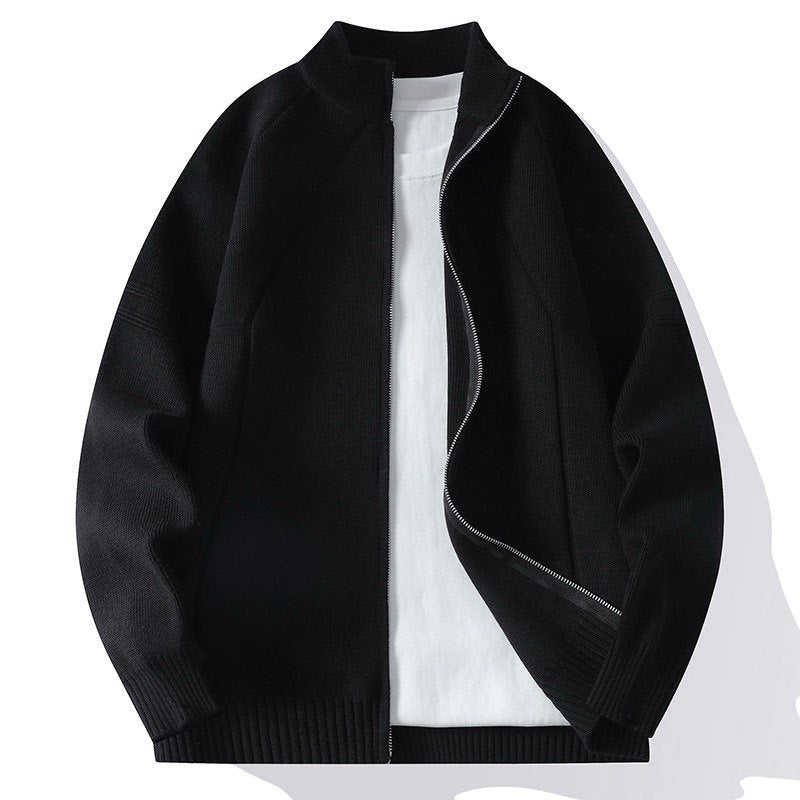 Men's Oversize Fine Knit Zip Jacket with Stand Collar, Raglan Sleeves and Ribbed Finish Mune Fashion