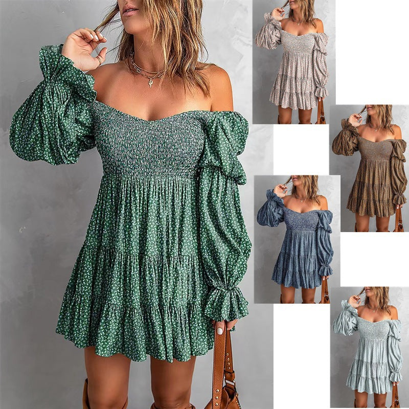 Women Off-Shoulder Mini Dress with Smocked Top, Ruffle Tiers and Gathered Balloon Sleeves Mune Fashion