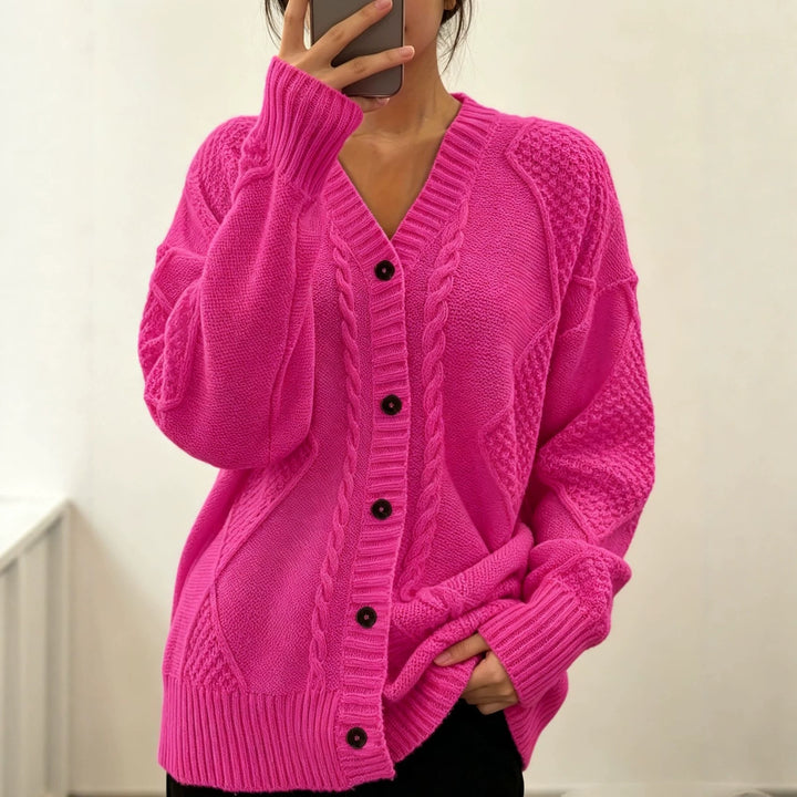 Women's Oversize Knit Cardigan with Cable and Texture Details Mune Fashion