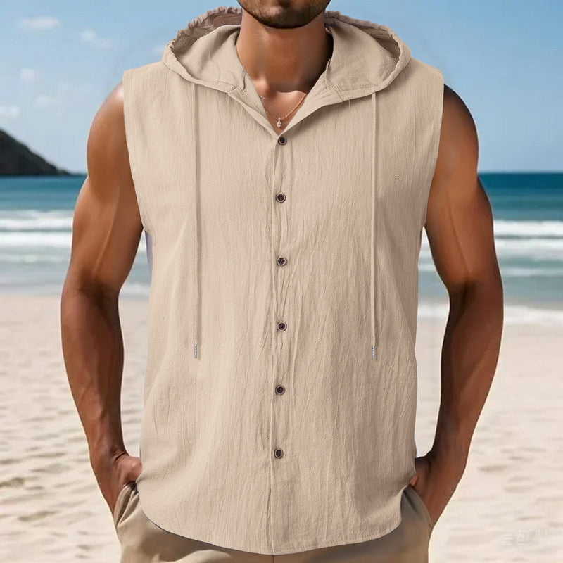 Men's sleeveless hooded shirt made of crepe-structured cotton blend with continuous button placket and drawstring Mune Fashion