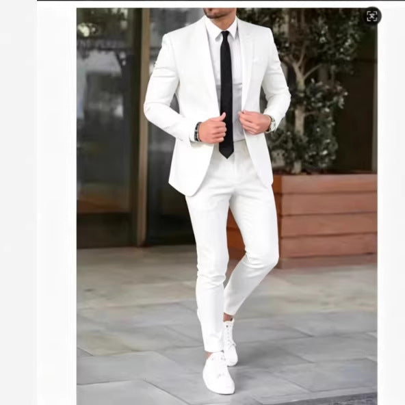 Men's fitted suit set made of lightweight stretch twill with single-button blazer and flat-front trousers Mune Fashion