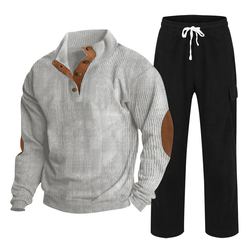 Men's Cozy Leisure Set made of Waffle Knit Henley with Elbow Patch and Relax Cargo Pants Mune Fashion