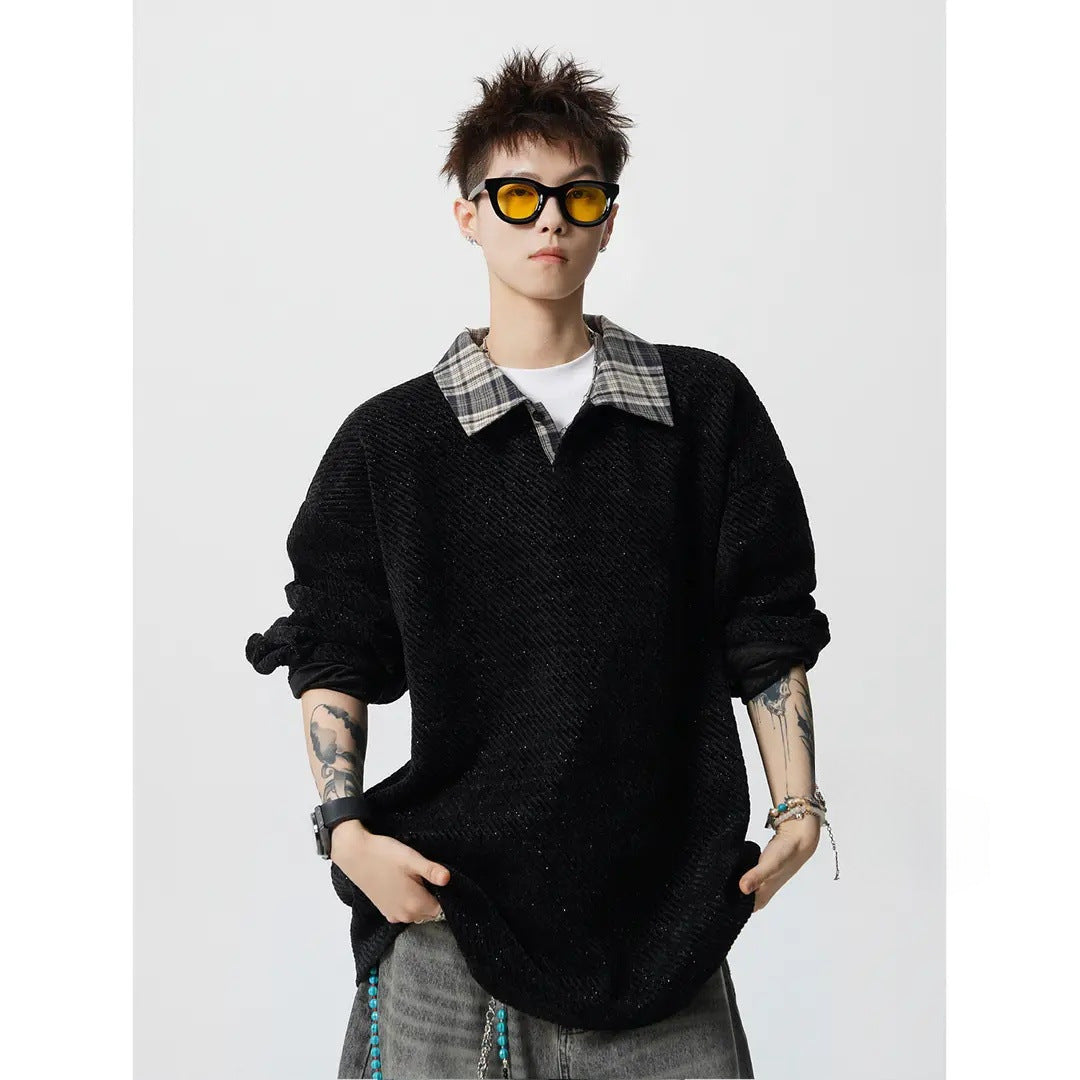 Men's Oversize Structured Sweatshirt with Polo Collar and Diagonal Knit Structure Mune Fashion