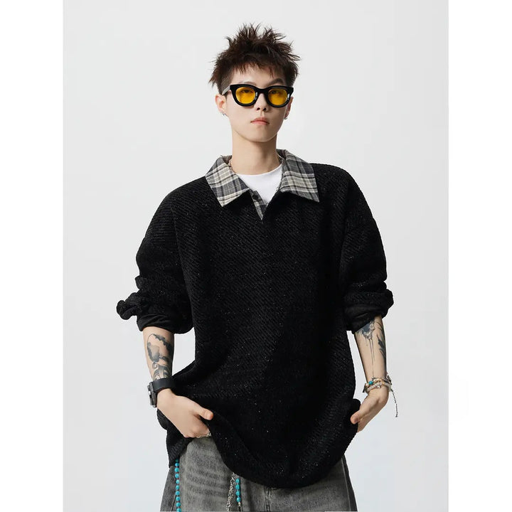 Men's Oversize Structured Sweatshirt with Polo Collar and Diagonal Knit Structure Mune Fashion