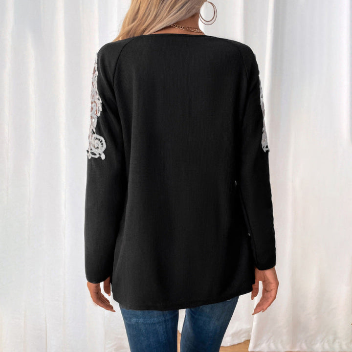 Women's Long Sleeve Tunic with V-Neck, Zipper and Floral Lace Sleeves Mune Fashion