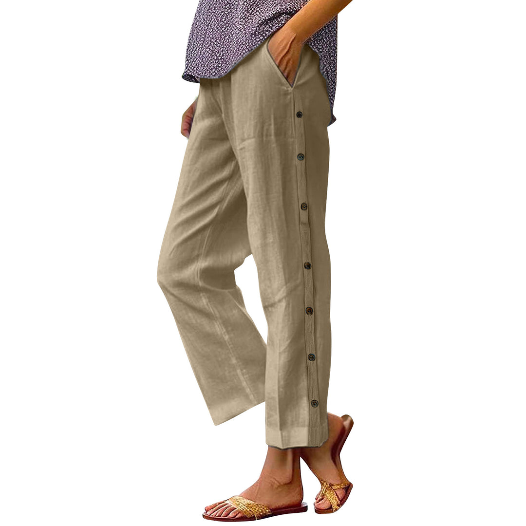Women's Cropped Wide-Leg Button-Trim Linen-Blend Casual Pants Mune Fashion