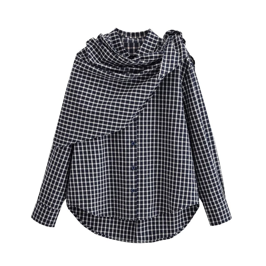 Women Asymmetrical Check Blouse with Integrated Scarf and Button Placket Mune Fashion