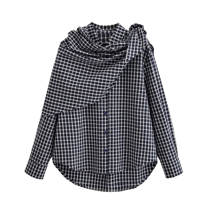 Women Asymmetrical Check Blouse with Integrated Scarf and Button Placket Mune Fashion