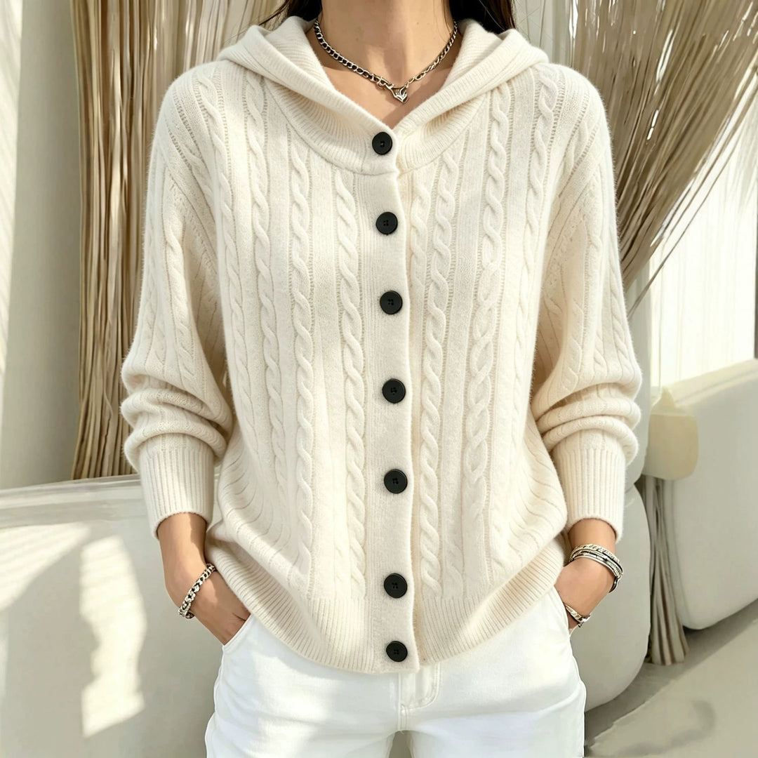 Women's Hooded Cardigan with Cable Pattern and Full Button Placket Mune Fashion