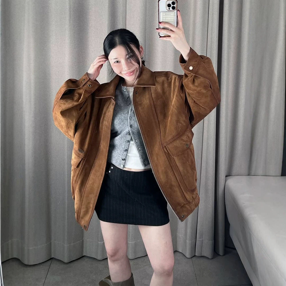 Ladies Oversize Suede Bomber Jacket with Elastic Hem Mune Fashion